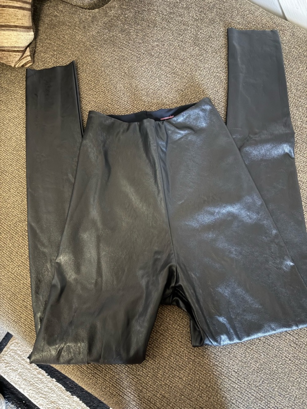Commando Black Shiny Faux Leather Leggings with Pink Logo Print